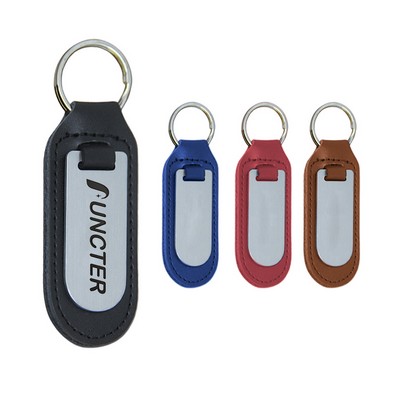 Custom Rectangular Pu Leather Metal Key Tag W/Keychain Ring